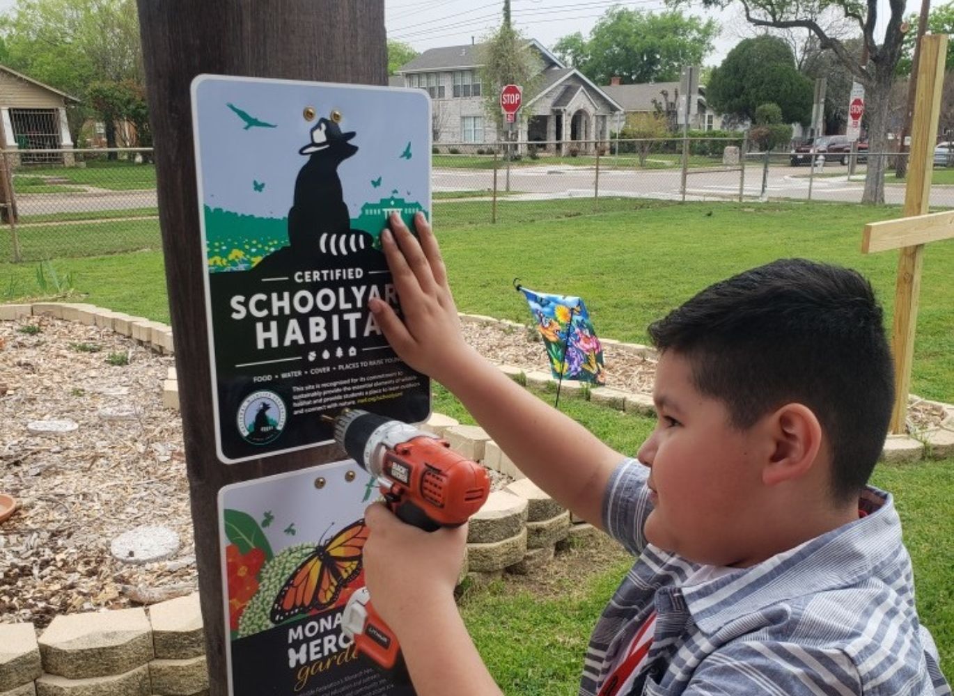 Photo of a student hanging up a sign for a butterfly habitat